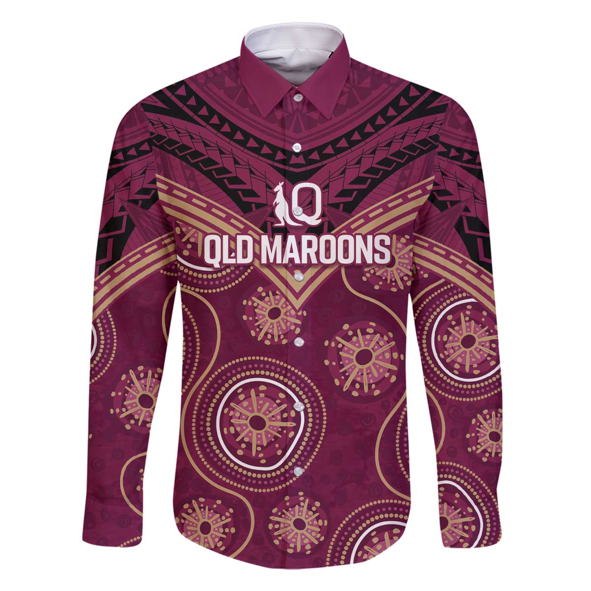 Personalized Australia QLD Maroons Family Matching Off The Shoulder Long Sleeve Dress and Hawaiian Shirt Indigenous Aboriginal Mix Polynesian Motifs