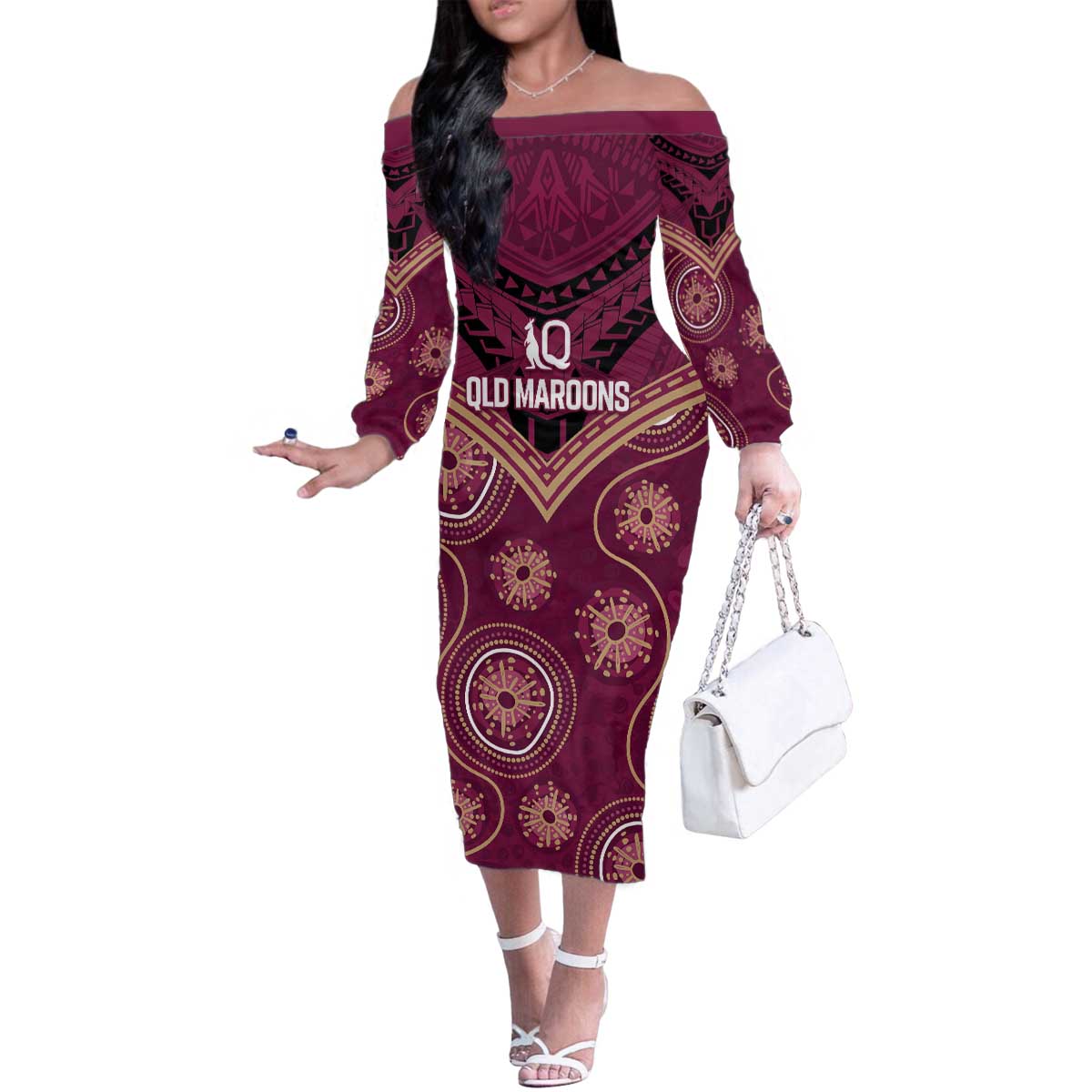 Personalized Australia QLD Maroons Family Matching Off The Shoulder Long Sleeve Dress and Hawaiian Shirt Indigenous Aboriginal Mix Polynesian Motifs