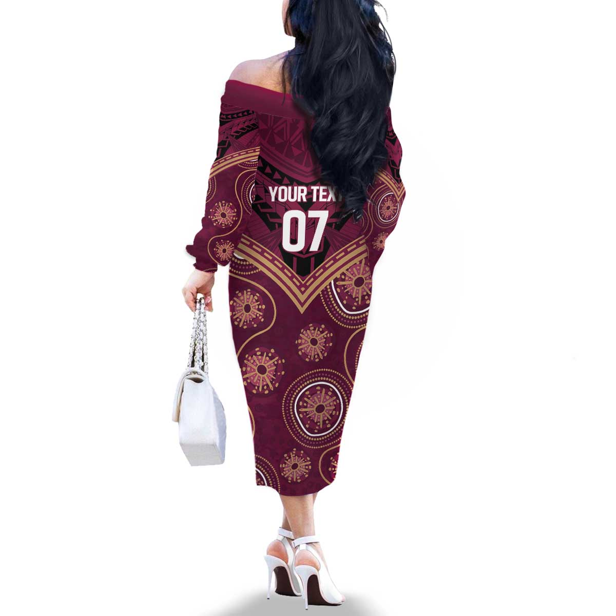 Personalized Australia QLD Maroons Family Matching Off The Shoulder Long Sleeve Dress and Hawaiian Shirt Indigenous Aboriginal Mix Polynesian Motifs