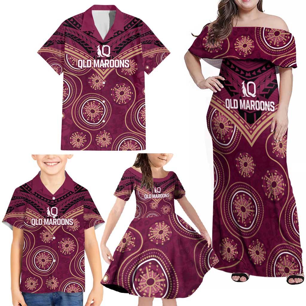Personalized Australia QLD Maroons Family Matching Off Shoulder Maxi Dress and Hawaiian Shirt Indigenous Aboriginal Mix Polynesian Motifs