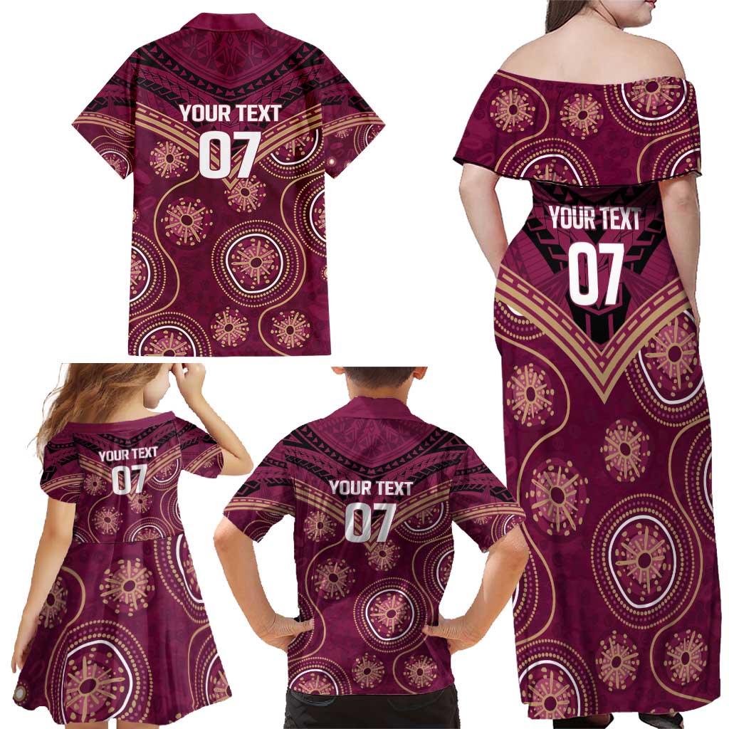 Personalized Australia QLD Maroons Family Matching Off Shoulder Maxi Dress and Hawaiian Shirt Indigenous Aboriginal Mix Polynesian Motifs