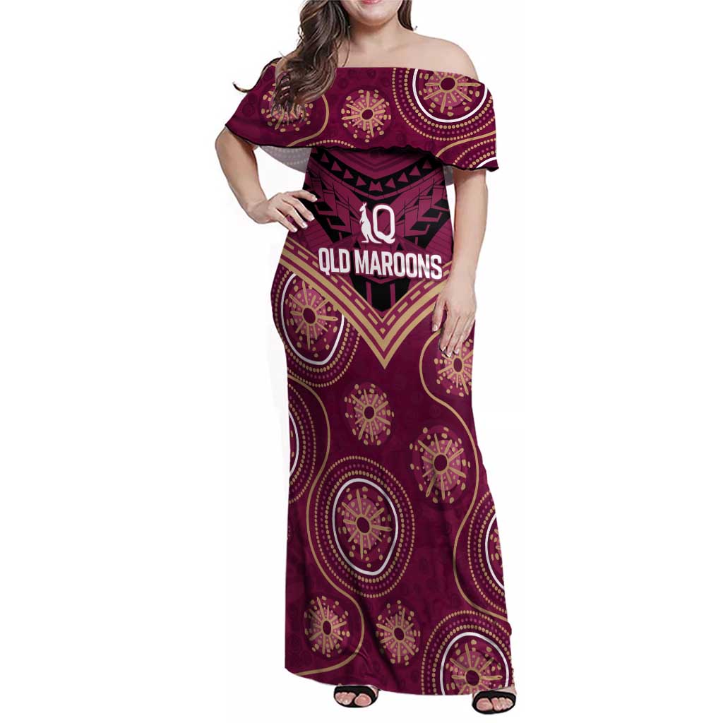 Personalized Australia QLD Maroons Family Matching Off Shoulder Maxi Dress and Hawaiian Shirt Indigenous Aboriginal Mix Polynesian Motifs