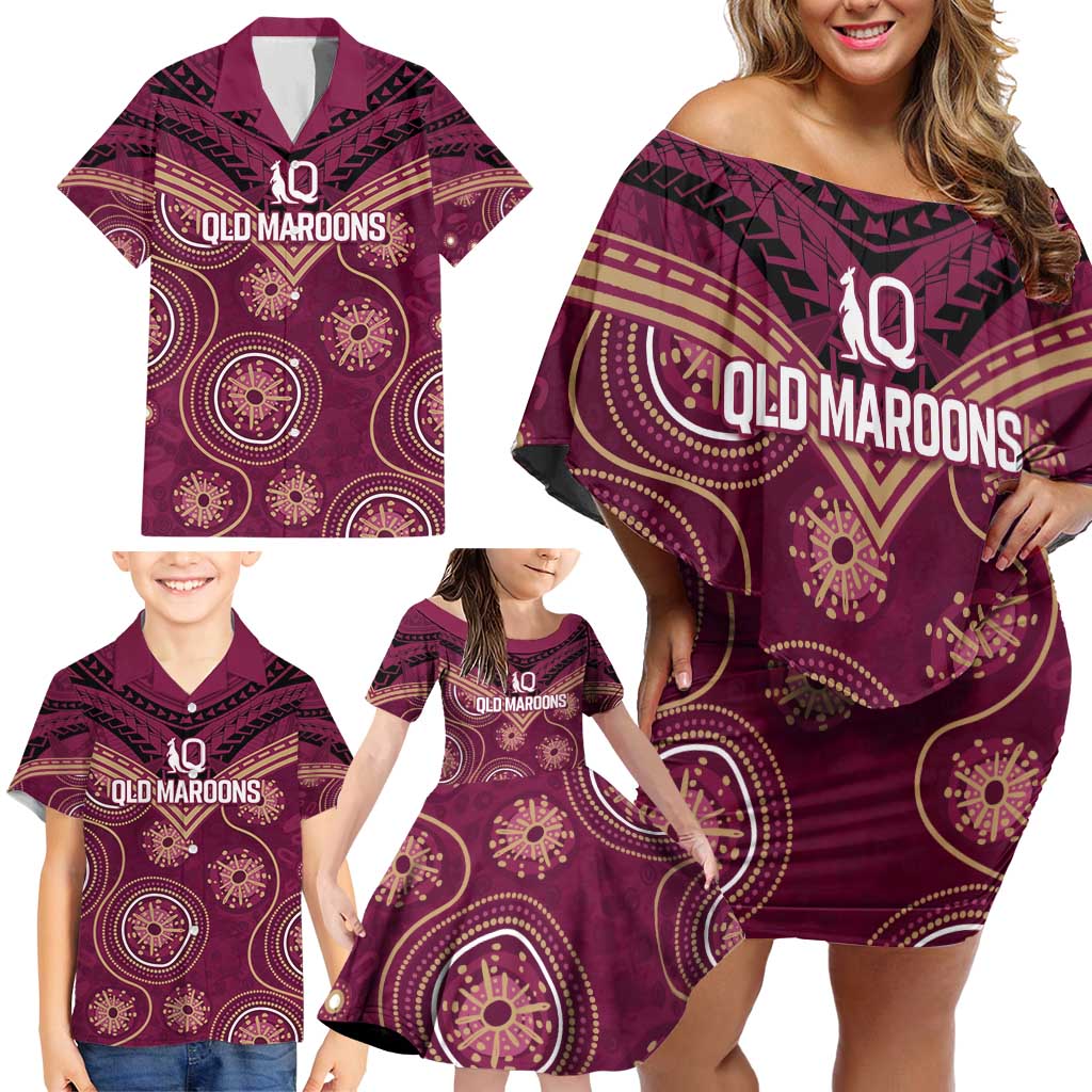 Personalized Australia QLD Maroons Family Matching Off Shoulder Short Dress and Hawaiian Shirt Indigenous Aboriginal Mix Polynesian Motifs