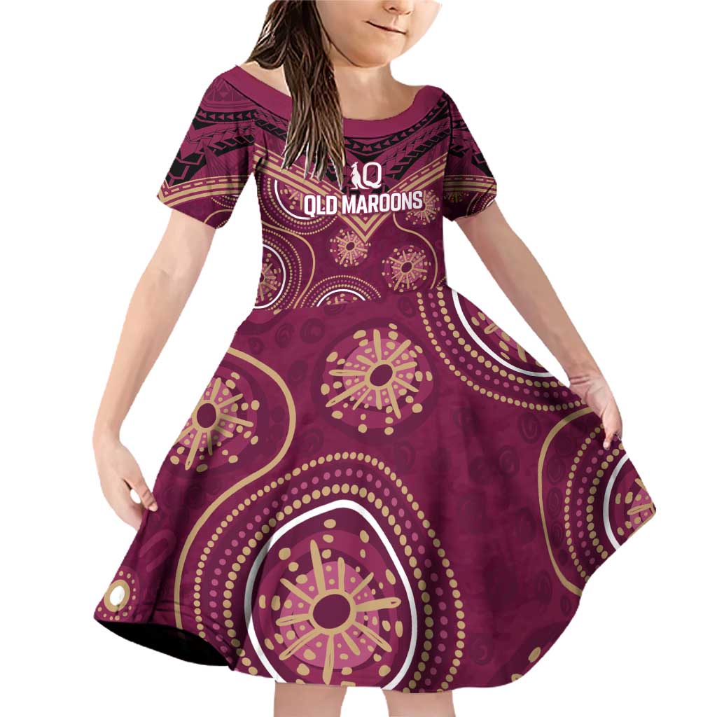 Personalized Australia QLD Maroons Family Matching Off Shoulder Short Dress and Hawaiian Shirt Indigenous Aboriginal Mix Polynesian Motifs