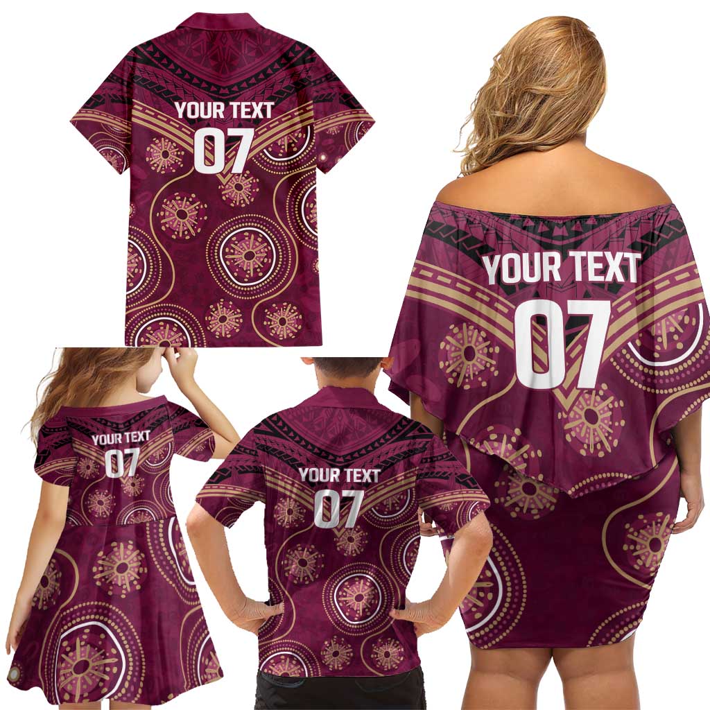 Personalized Australia QLD Maroons Family Matching Off Shoulder Short Dress and Hawaiian Shirt Indigenous Aboriginal Mix Polynesian Motifs