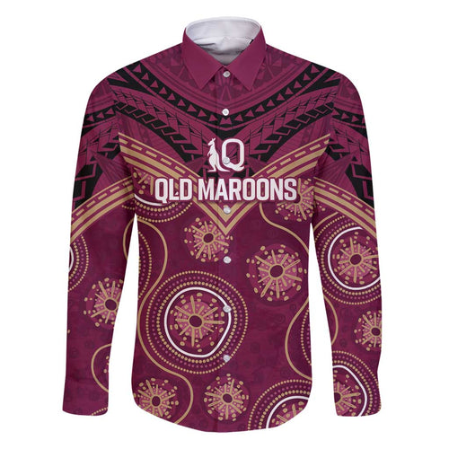 Personalized Australia QLD Maroons Family Matching Off Shoulder Short Dress and Hawaiian Shirt Indigenous Aboriginal Mix Polynesian Motifs