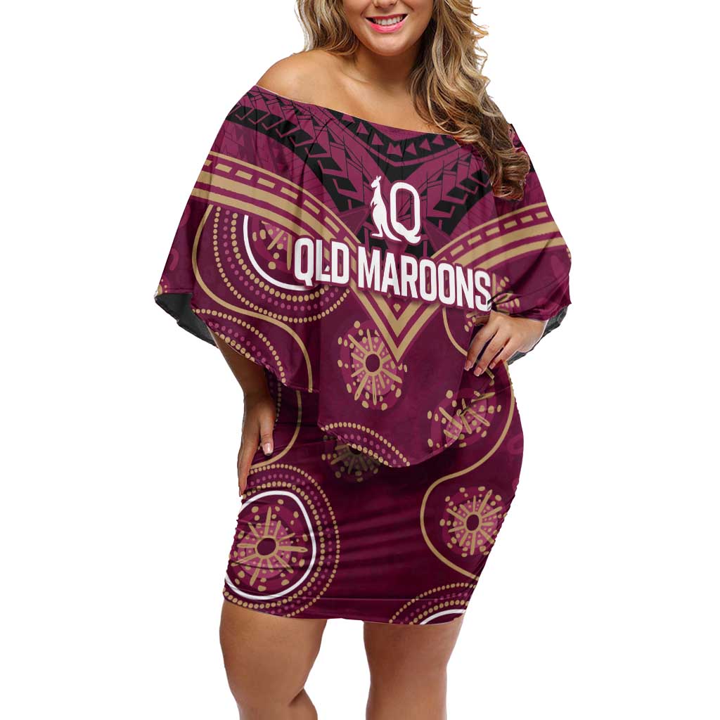 Personalized Australia QLD Maroons Family Matching Off Shoulder Short Dress and Hawaiian Shirt Indigenous Aboriginal Mix Polynesian Motifs