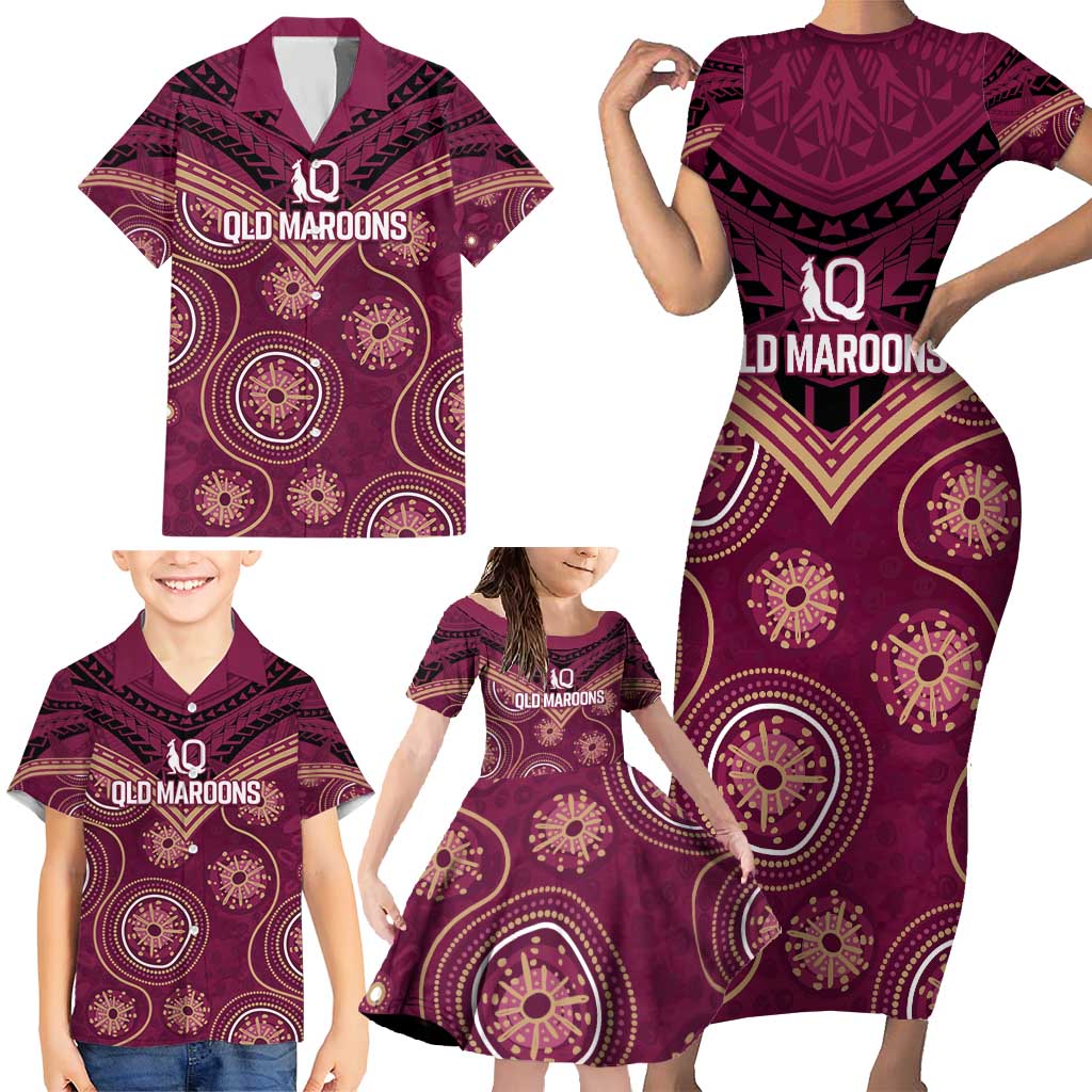 Personalized Australia QLD Maroons Family Matching Short Sleeve Bodycon Dress and Hawaiian Shirt Indigenous Aboriginal Mix Polynesian Motifs