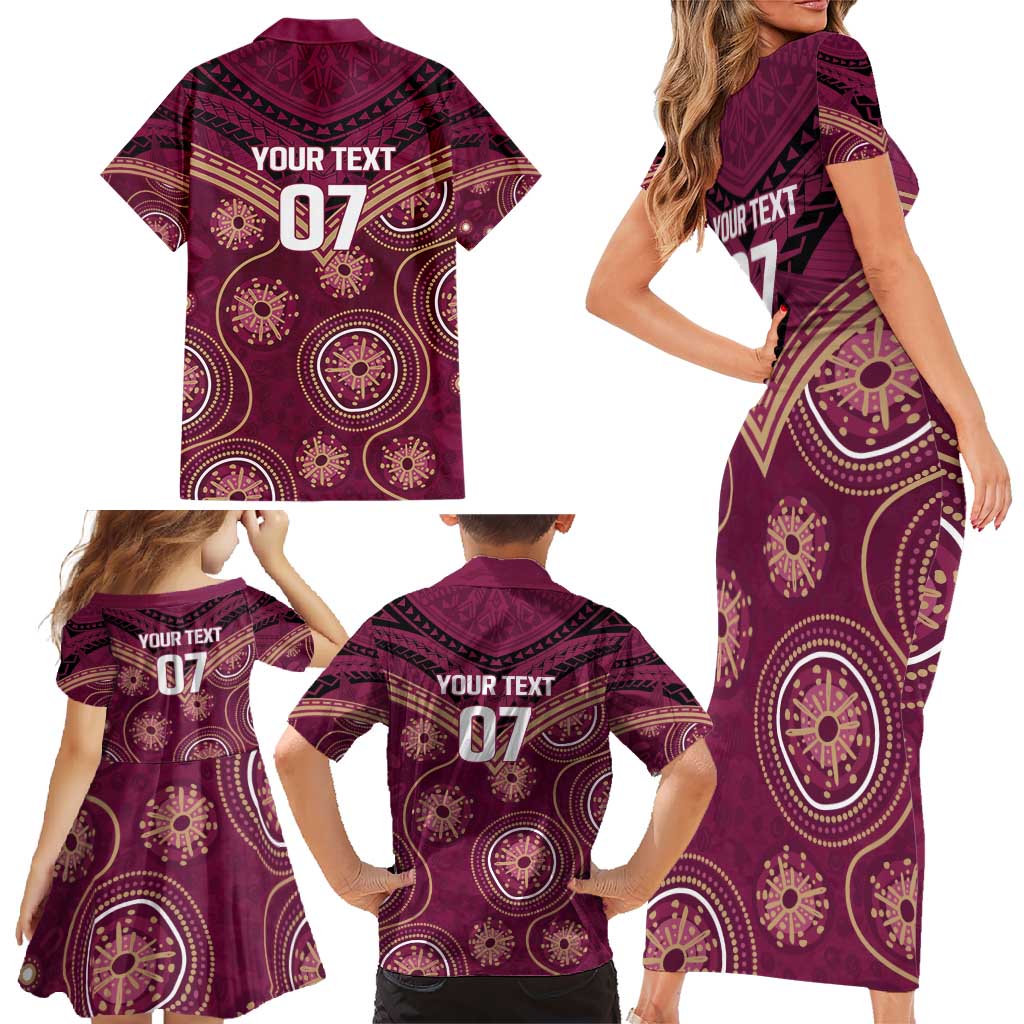 Personalized Australia QLD Maroons Family Matching Short Sleeve Bodycon Dress and Hawaiian Shirt Indigenous Aboriginal Mix Polynesian Motifs