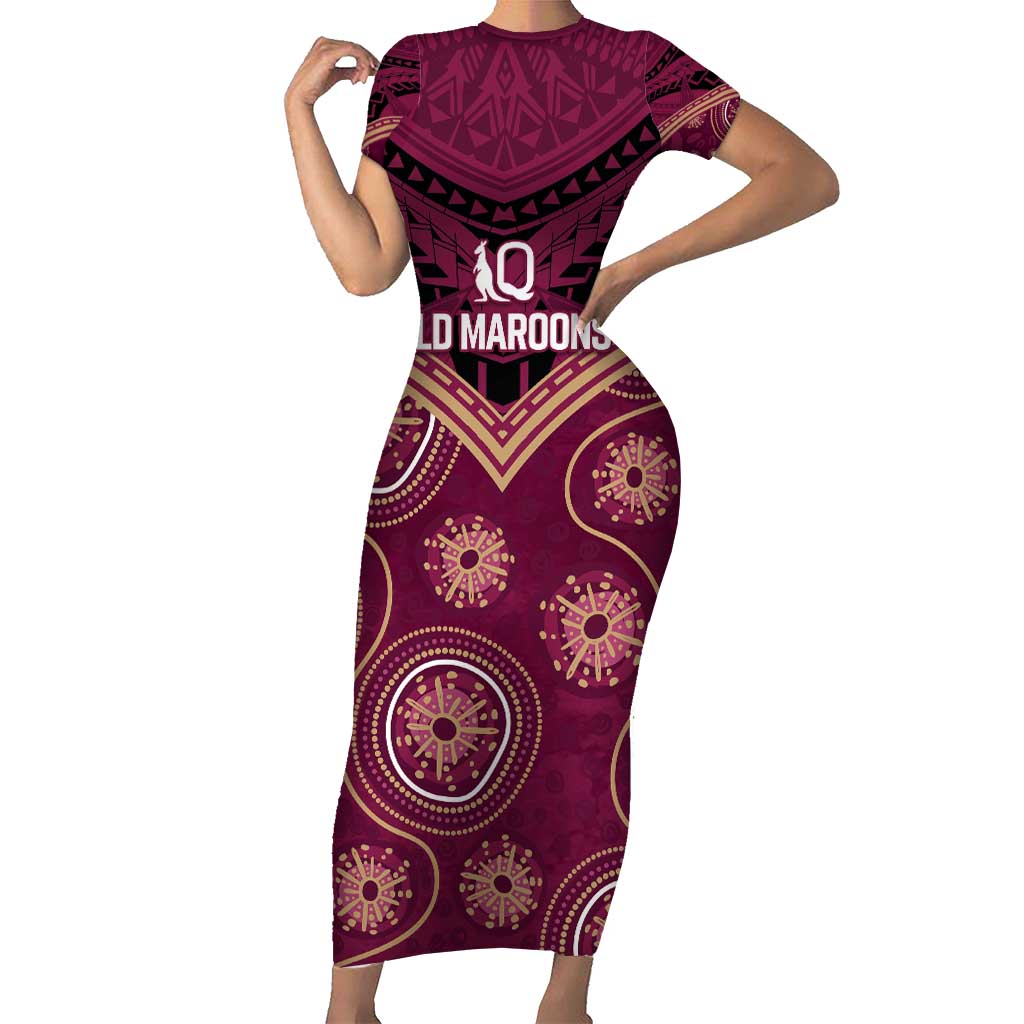 Personalized Australia QLD Maroons Family Matching Short Sleeve Bodycon Dress and Hawaiian Shirt Indigenous Aboriginal Mix Polynesian Motifs