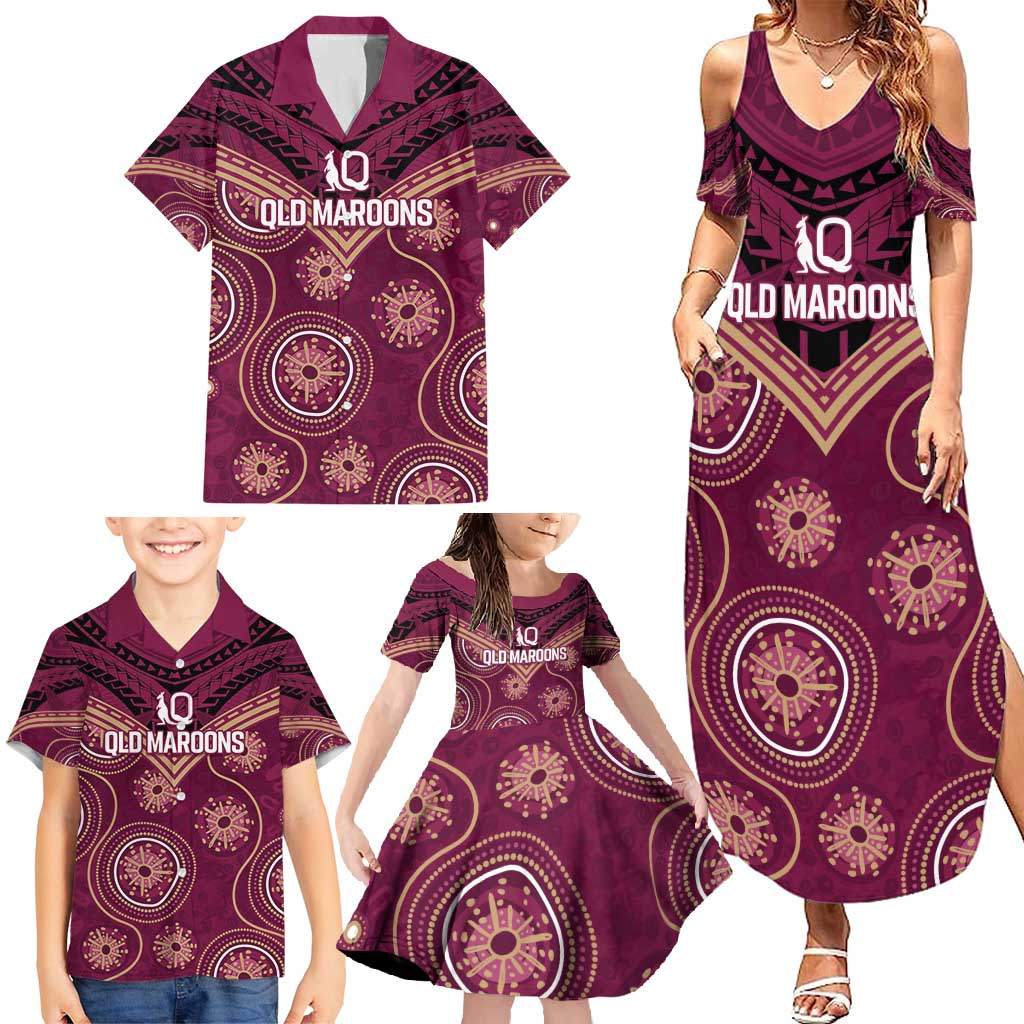 Personalized Australia QLD Maroons Family Matching Summer Maxi Dress and Hawaiian Shirt Indigenous Aboriginal Mix Polynesian Motifs