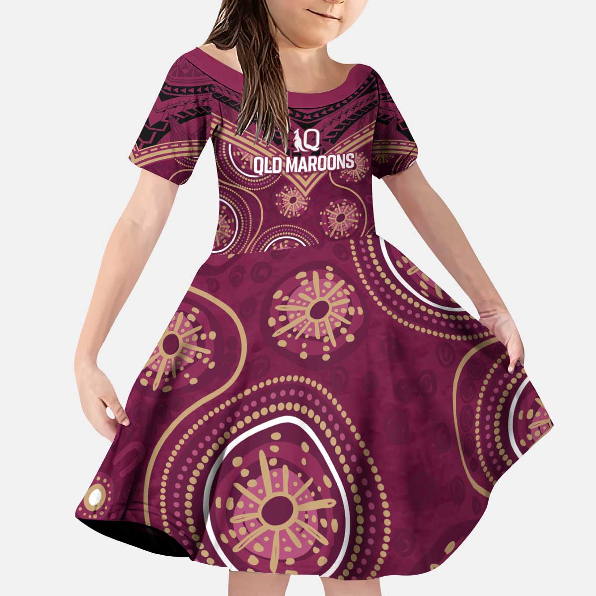 Personalized Australia QLD Maroons Kid Short Sleeve Dress Indigenous Aboriginal Mix Polynesian Motifs