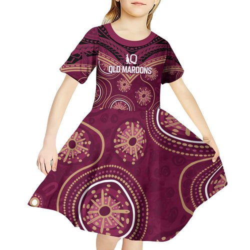 Personalized Australia QLD Maroons Kid Short Sleeve Dress Indigenous Aboriginal Mix Polynesian Motifs