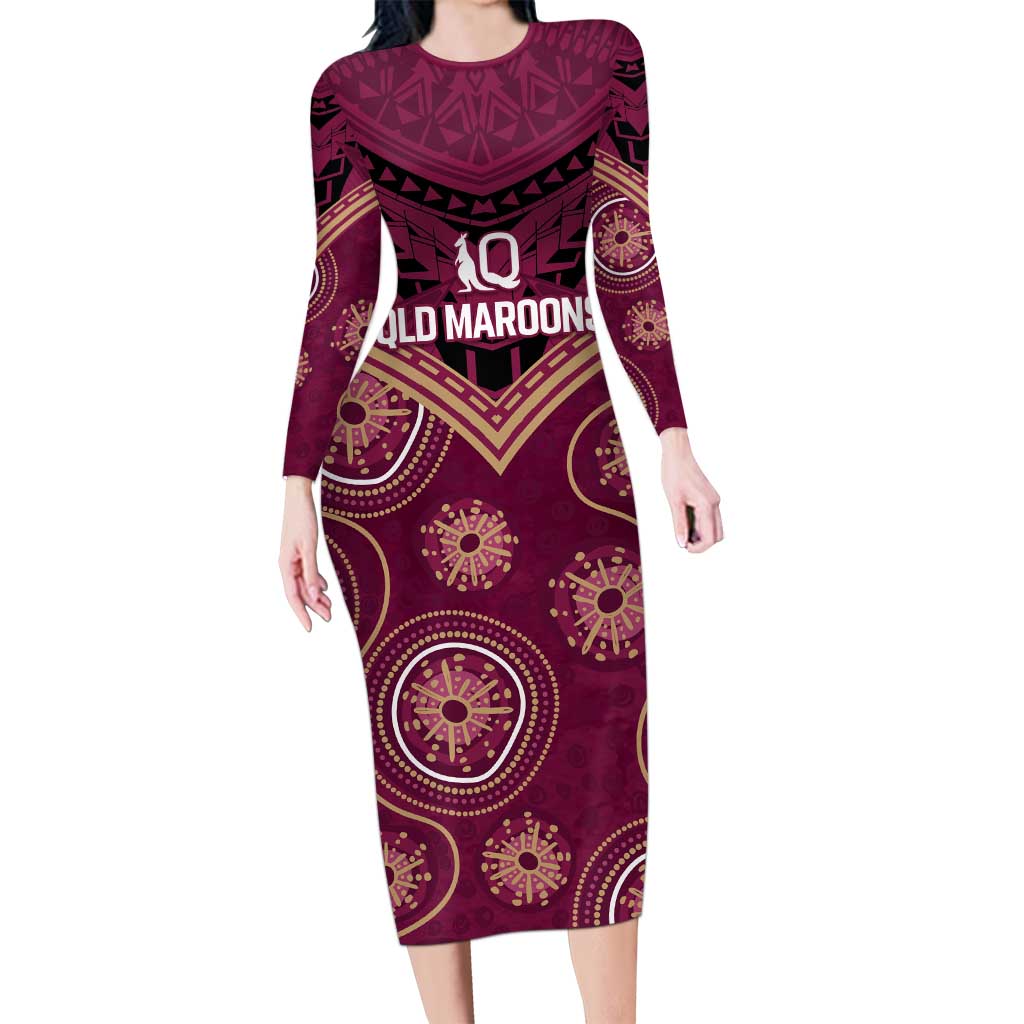 Personalized Australia QLD Maroons Long Sleeve Bodycon Dress Indigenous Aboriginal Mix Polynesian Motifs
