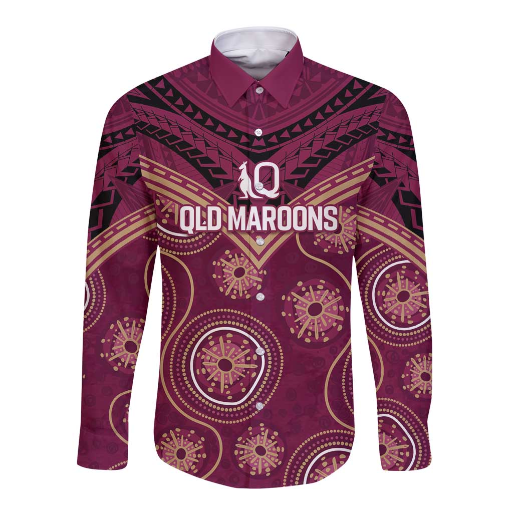 Personalized Australia QLD Maroons Long Sleeve Button Shirt Indigenous Aboriginal Mix Polynesian Motifs