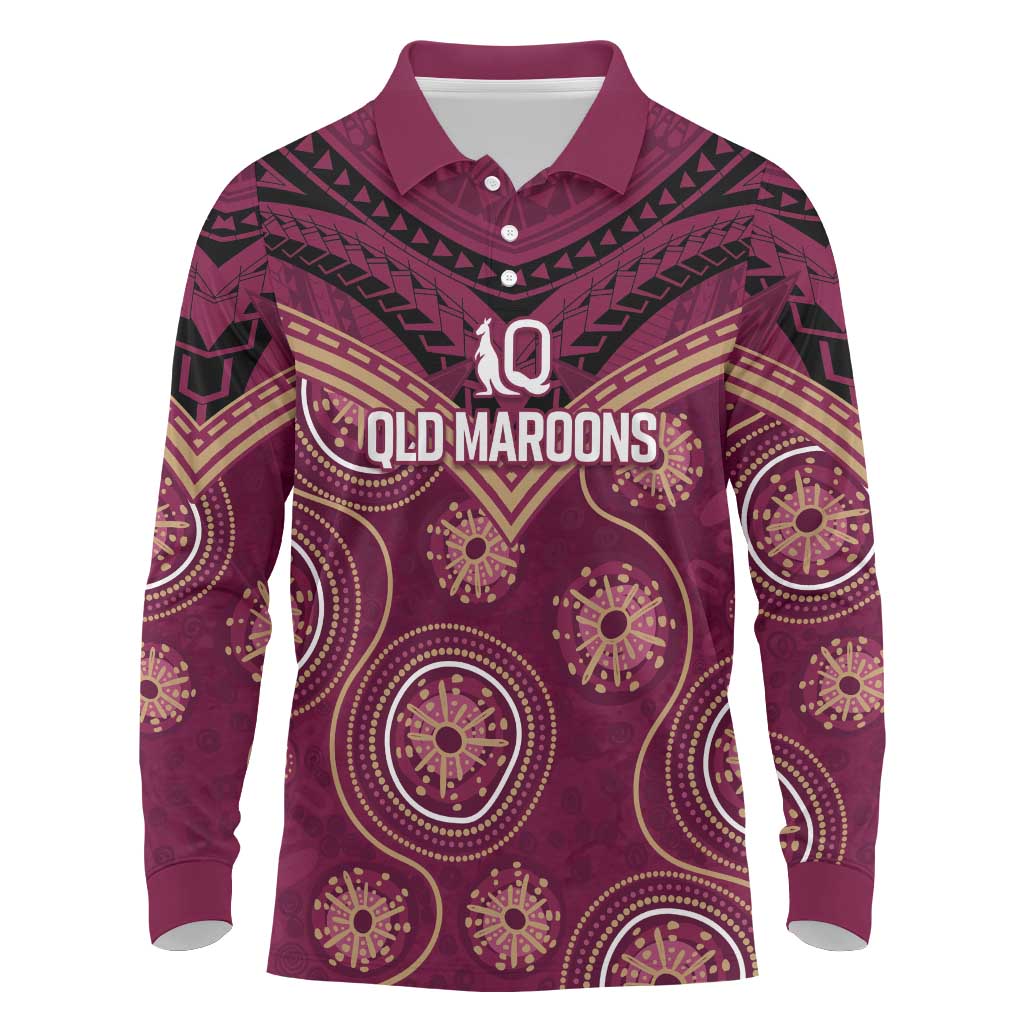 Personalized Australia QLD Maroons Long Sleeve Polo Shirt Indigenous Aboriginal Mix Polynesian Motifs