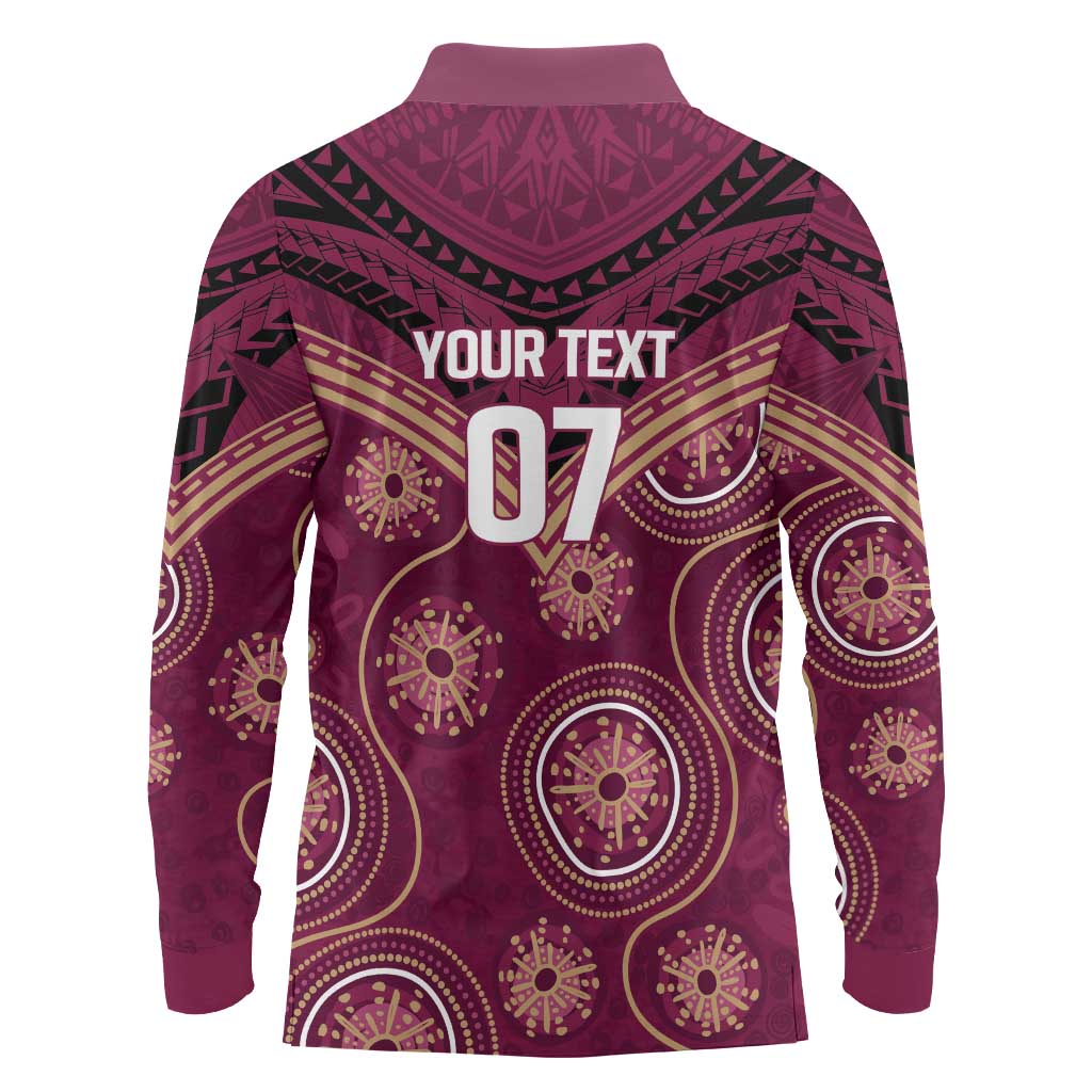 Personalized Australia QLD Maroons Long Sleeve Polo Shirt Indigenous Aboriginal Mix Polynesian Motifs