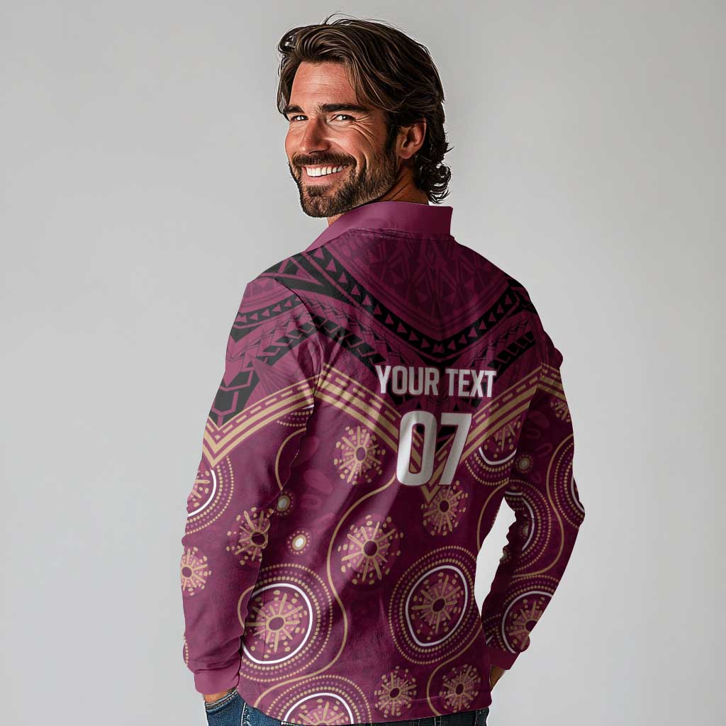 Personalized Australia QLD Maroons Long Sleeve Polo Shirt Indigenous Aboriginal Mix Polynesian Motifs