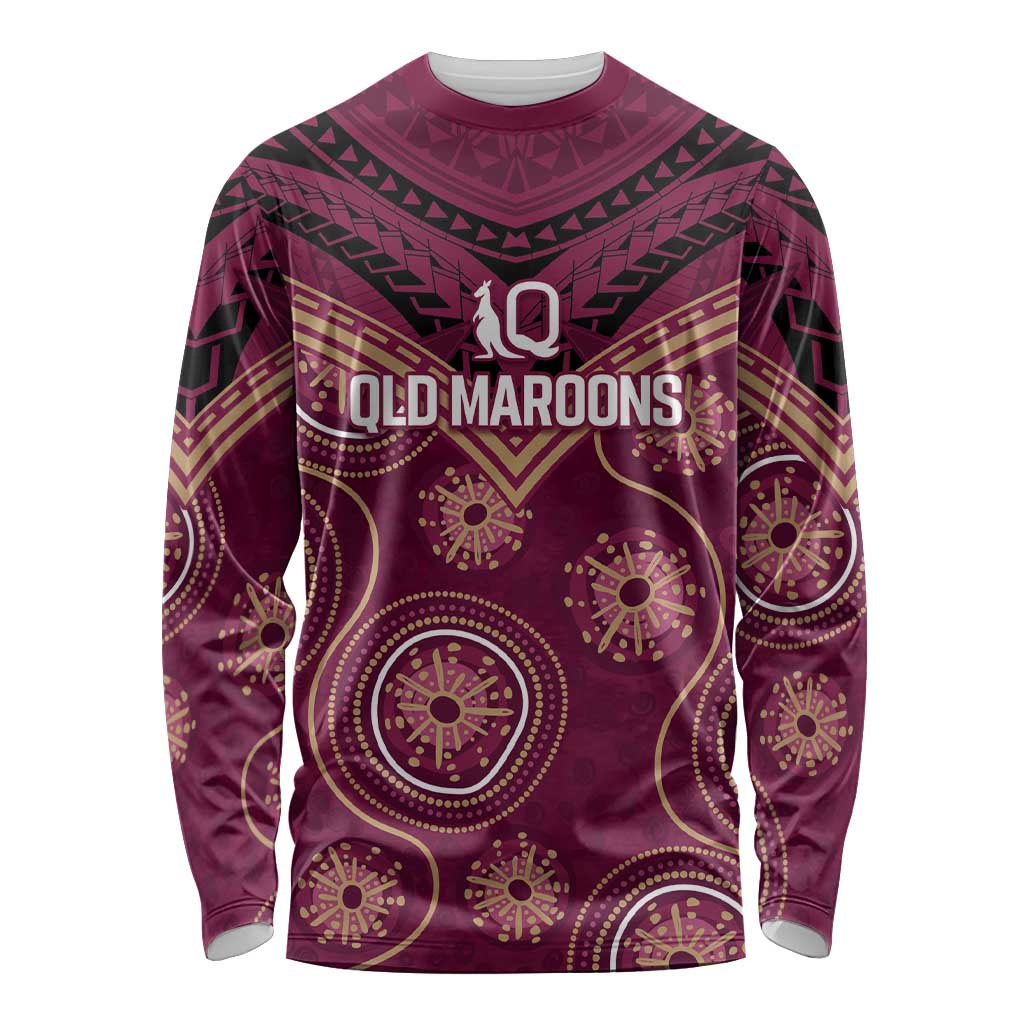 Personalized Australia QLD Maroons Long Sleeve Shirt Indigenous Aboriginal Mix Polynesian Motifs