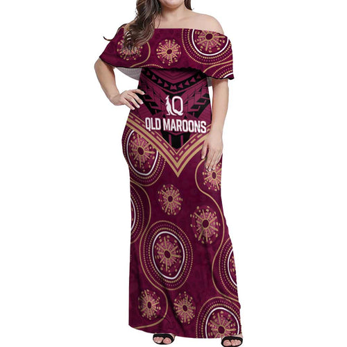 Personalized Australia QLD Maroons Off Shoulder Maxi Dress Indigenous Aboriginal Mix Polynesian Motifs