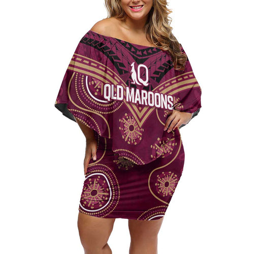 Personalized Australia QLD Maroons Off Shoulder Short Dress Indigenous Aboriginal Mix Polynesian Motifs