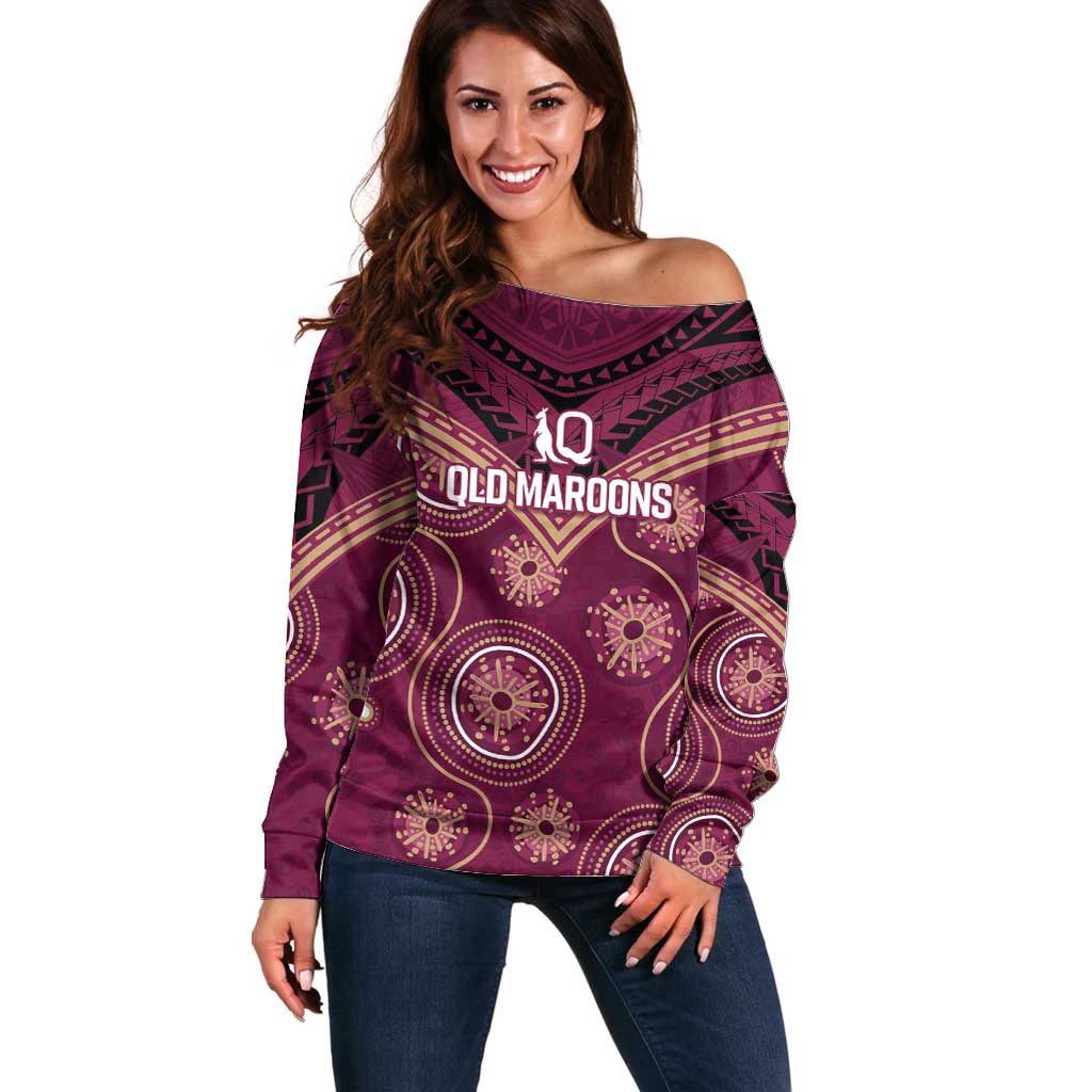 Personalized Australia QLD Maroons Off Shoulder Sweater Indigenous Aboriginal Mix Polynesian Motifs