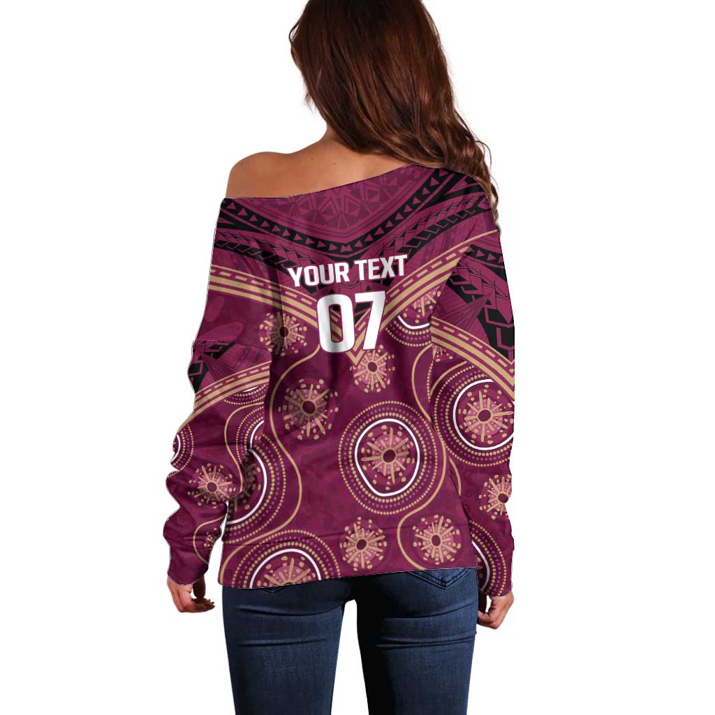 Personalized Australia QLD Maroons Off Shoulder Sweater Indigenous Aboriginal Mix Polynesian Motifs