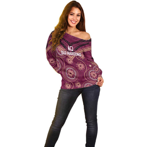 Personalized Australia QLD Maroons Off Shoulder Sweater Indigenous Aboriginal Mix Polynesian Motifs