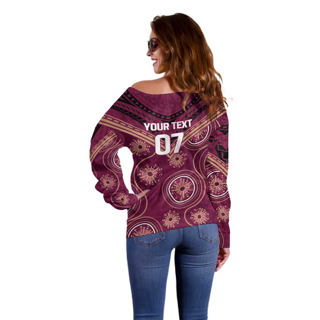 Personalized Australia QLD Maroons Off Shoulder Sweater Indigenous Aboriginal Mix Polynesian Motifs