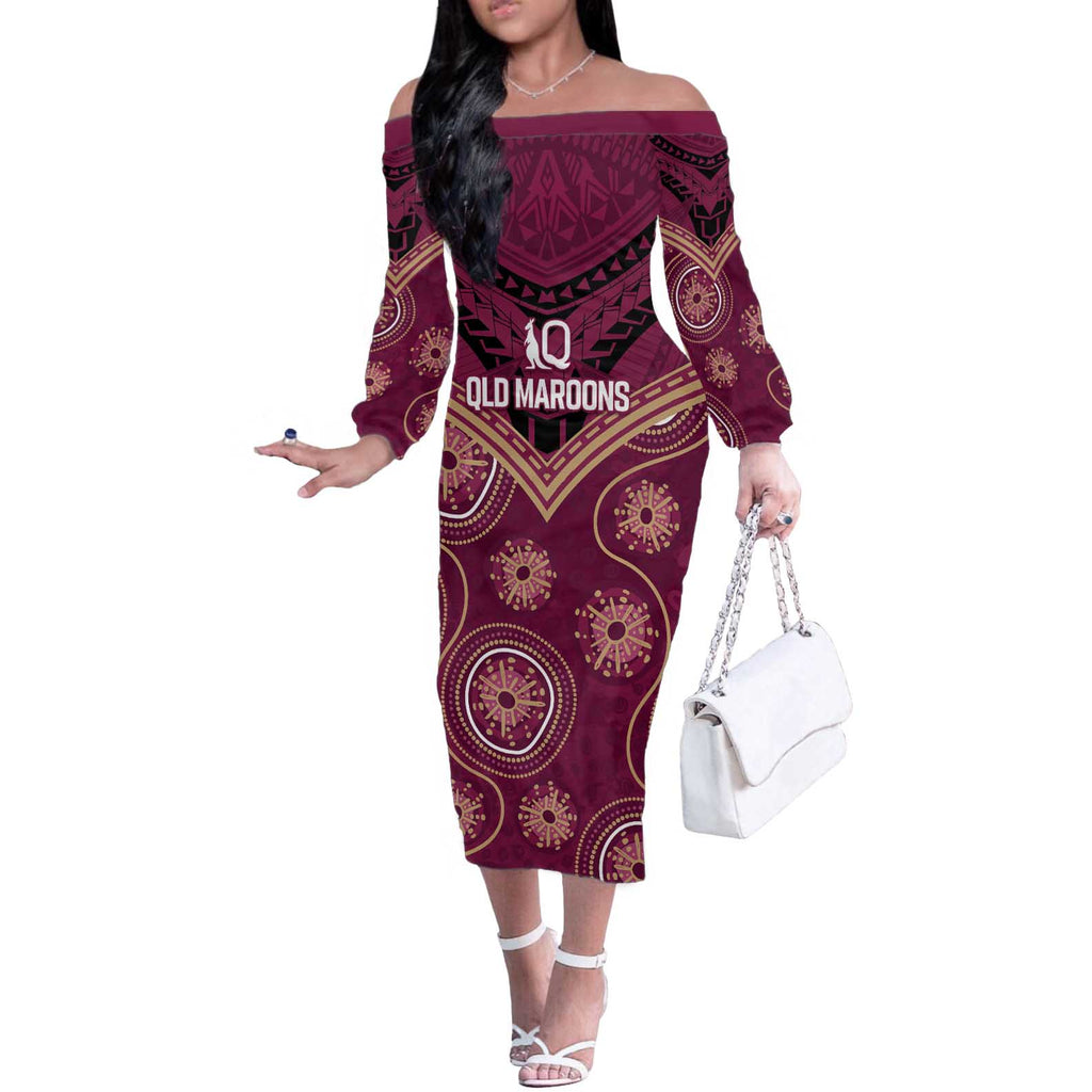 Personalized Australia QLD Maroons Off The Shoulder Long Sleeve Dress Indigenous Aboriginal Mix Polynesian Motifs