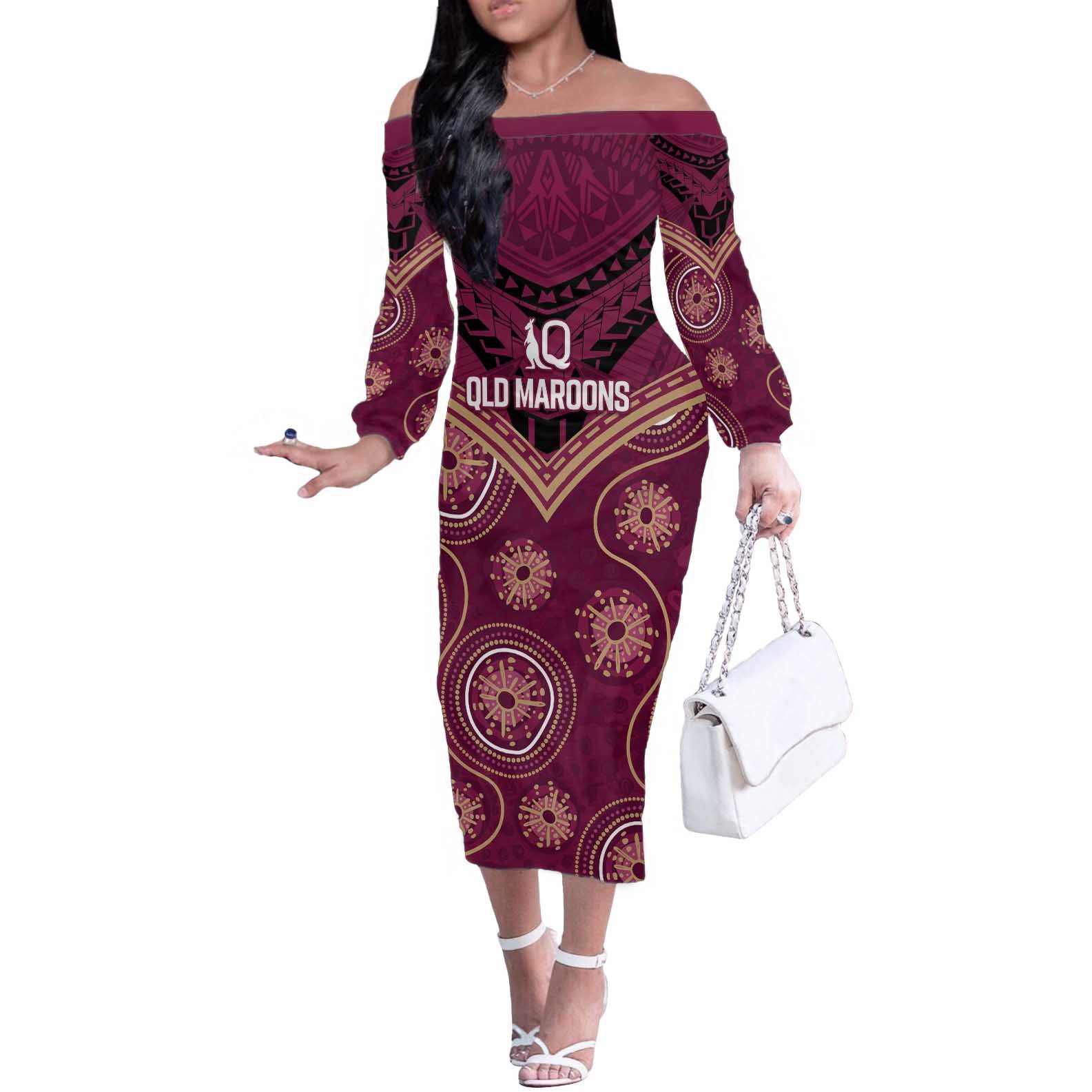 Personalized Australia QLD Maroons Off The Shoulder Long Sleeve Dress Indigenous Aboriginal Mix Polynesian Motifs