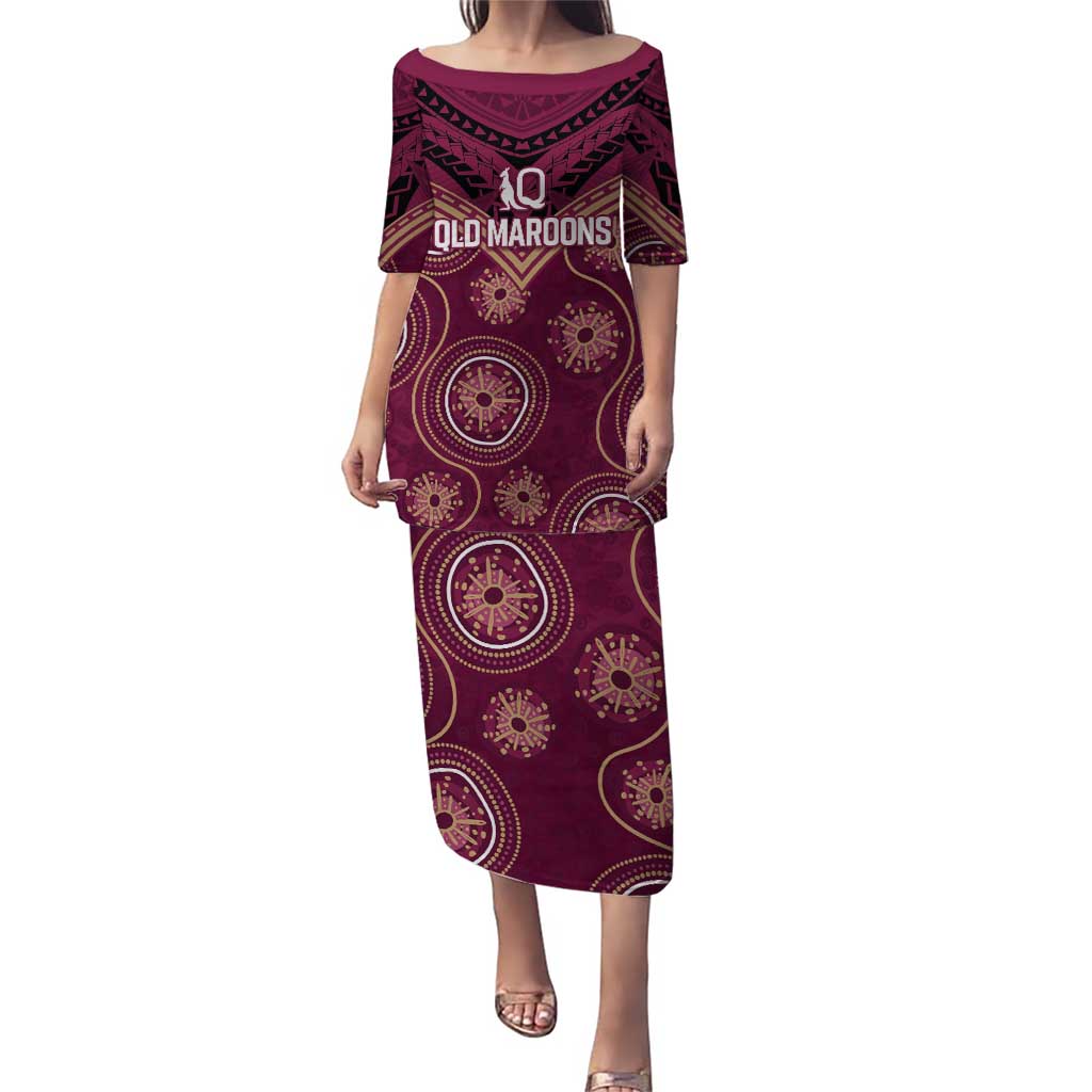 Personalized Australia QLD Maroons Puletasi Indigenous Aboriginal Mix Polynesian Motifs