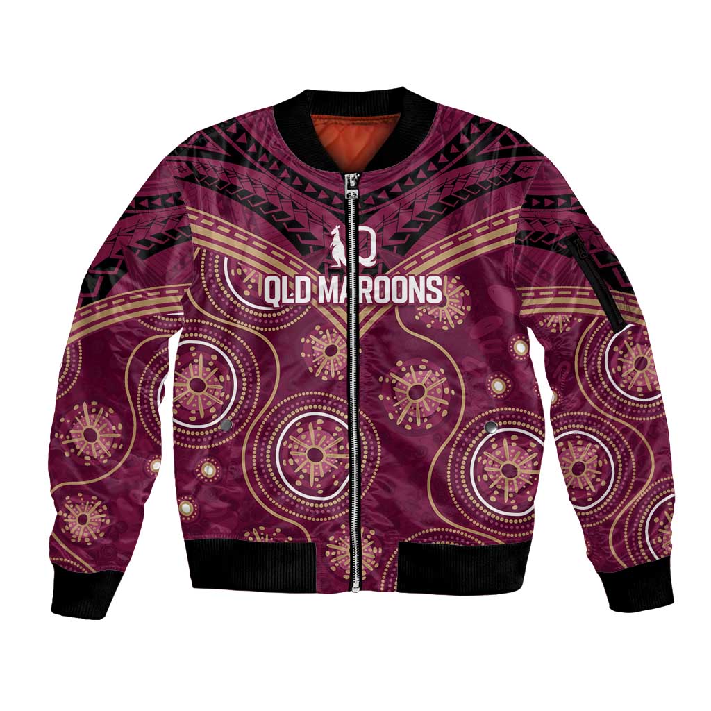 Personalized Australia QLD Maroons Sleeve Zip Bomber Jacket Indigenous Aboriginal Mix Polynesian Motifs