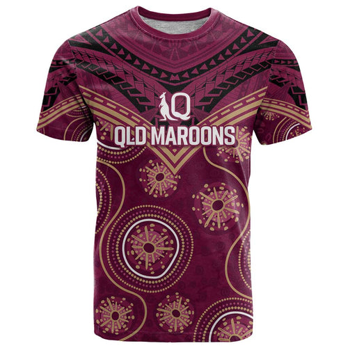Personalized Australia QLD Maroons T Shirt Indigenous Aboriginal Mix Polynesian Motifs