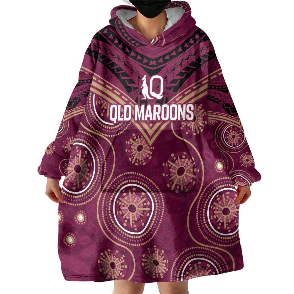 Personalized Australia QLD Maroons Wearable Blanket Hoodie Indigenous Aboriginal Mix Polynesian Motifs