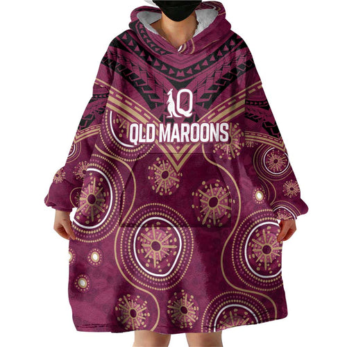 Personalized Australia QLD Maroons Wearable Blanket Hoodie Indigenous Aboriginal Mix Polynesian Motifs