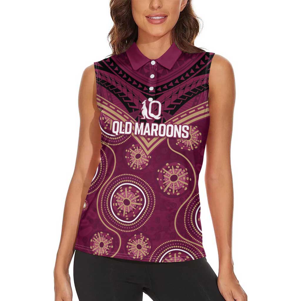 Personalized Australia QLD Maroons Women Sleeveless Polo Shirt Indigenous Aboriginal Mix Polynesian Motifs