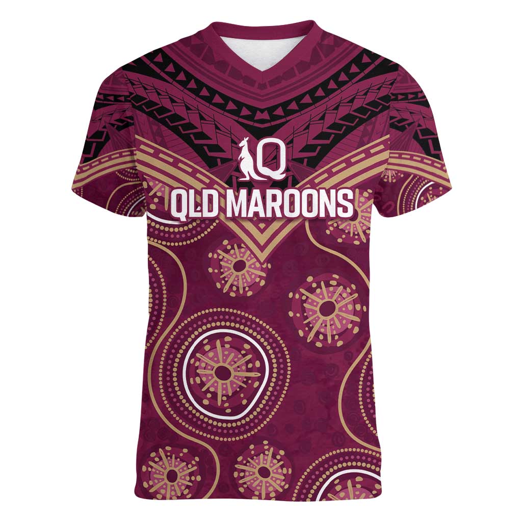 Personalized Australia QLD Maroons Women V-Neck T-Shirt Indigenous Aboriginal Mix Polynesian Motifs