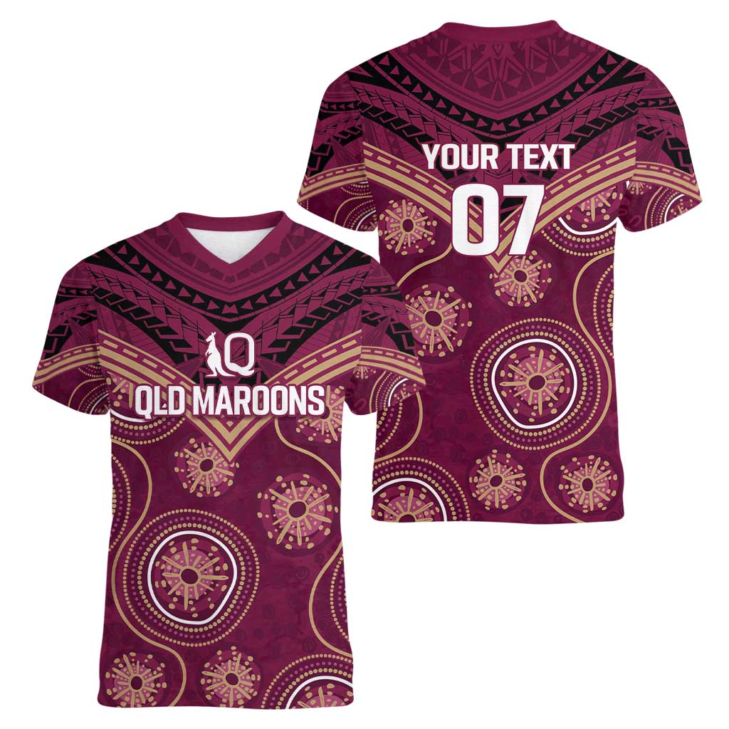 Personalized Australia QLD Maroons Women V-Neck T-Shirt Indigenous Aboriginal Mix Polynesian Motifs