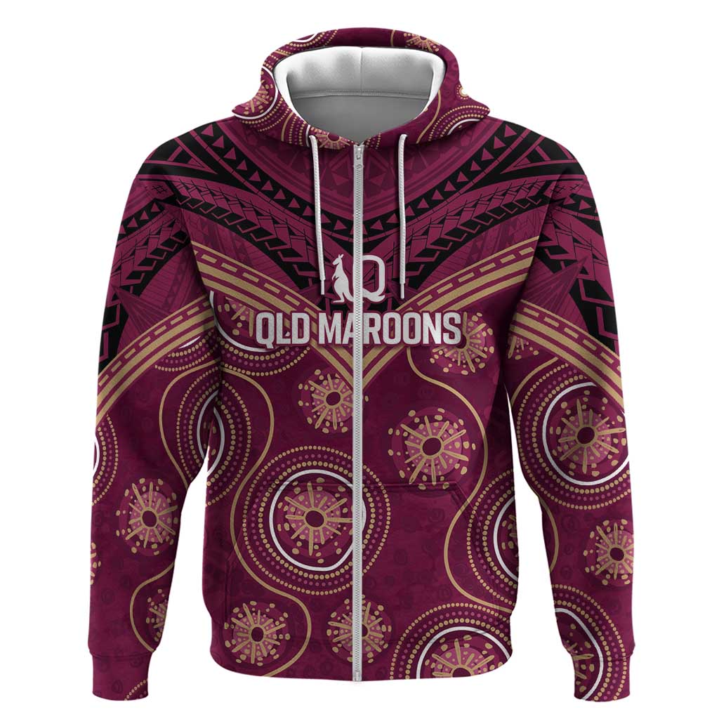 Personalized Australia QLD Maroons Zip Hoodie Indigenous Aboriginal Mix Polynesian Motifs