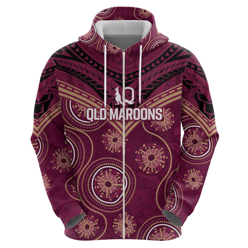 Personalized Australia QLD Maroons Zip Hoodie Indigenous Aboriginal Mix Polynesian Motifs