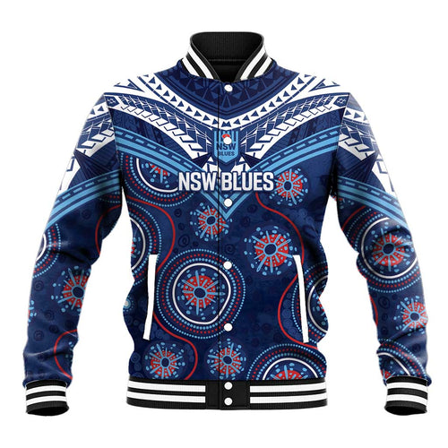 Personalized Australia NSW Blues Baseball Jacket Indigenous Aboriginal Mix Polynesian Motifs