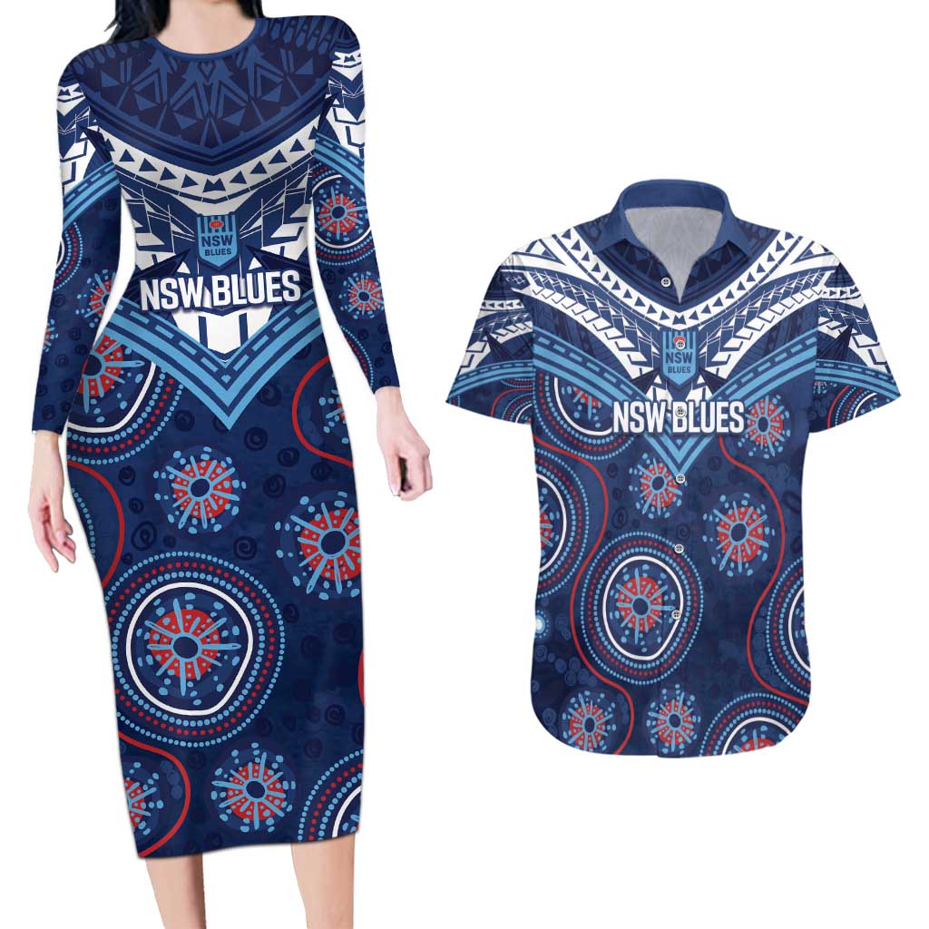 Personalized Australia NSW Blues Couples Matching Long Sleeve Bodycon Dress and Hawaiian Shirt Indigenous Aboriginal Mix Polynesian Motifs