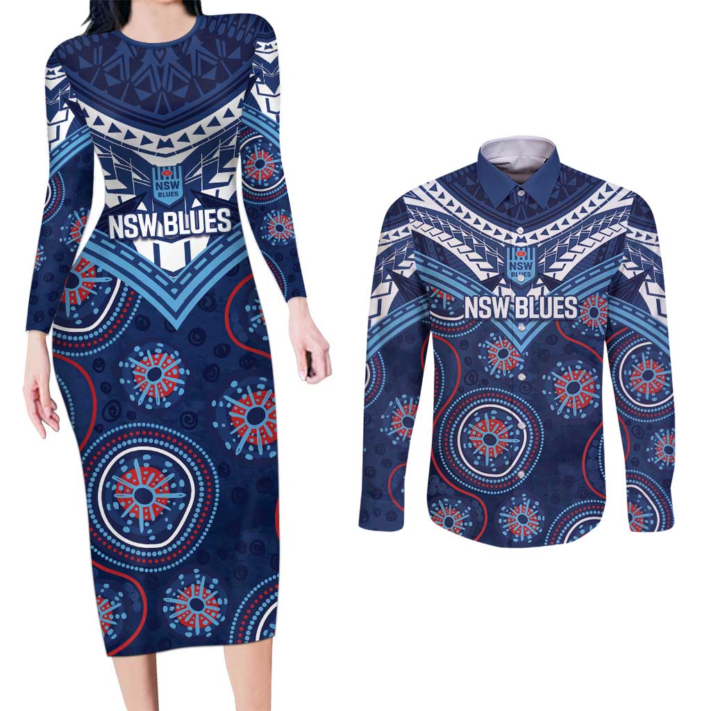 Personalized Australia NSW Blues Couples Matching Long Sleeve Bodycon Dress and Long Sleeve Button Shirt Indigenous Aboriginal Mix Polynesian Motifs