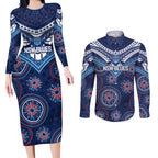Personalized Australia NSW Blues Couples Matching Long Sleeve Bodycon Dress and Long Sleeve Button Shirt Indigenous Aboriginal Mix Polynesian Motifs