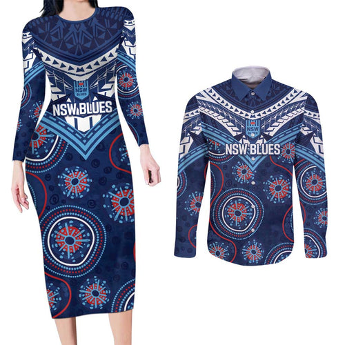 Personalized Australia NSW Blues Couples Matching Long Sleeve Bodycon Dress and Long Sleeve Button Shirt Indigenous Aboriginal Mix Polynesian Motifs