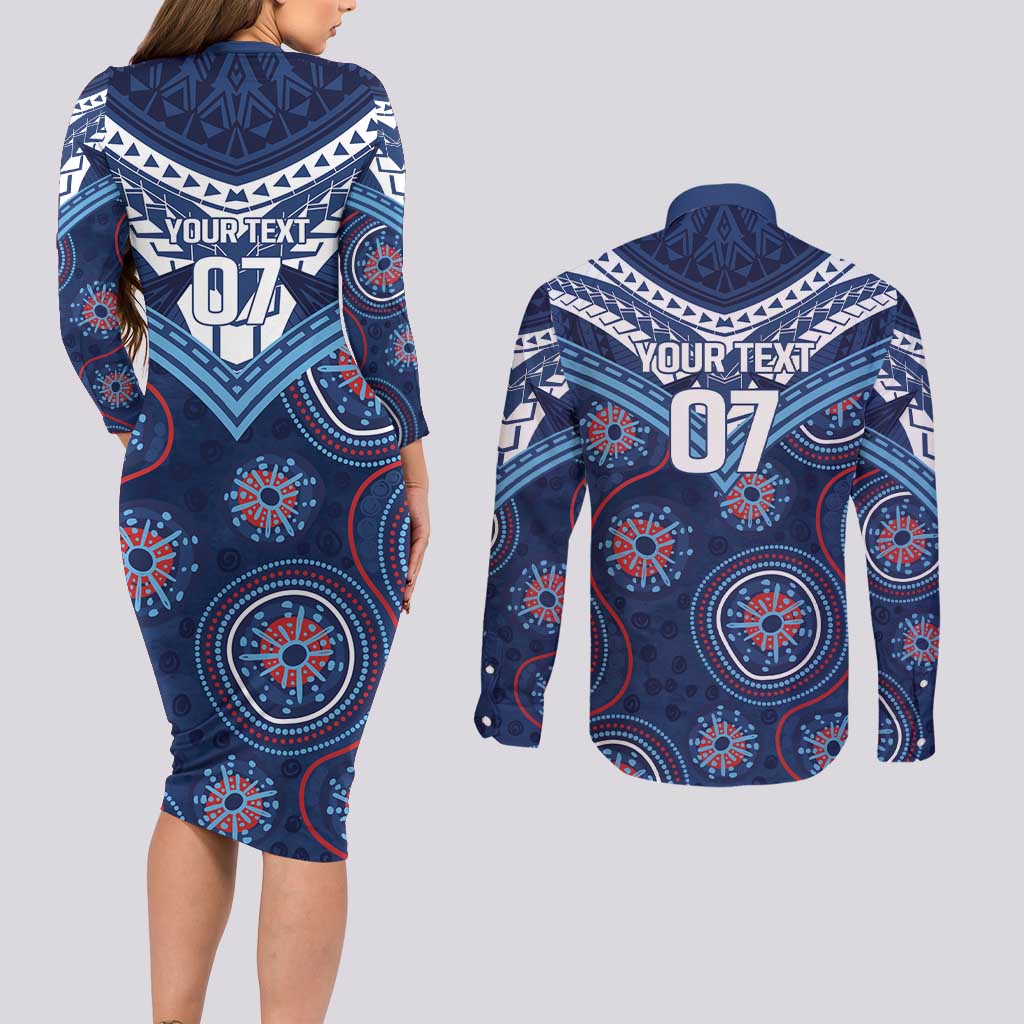 Personalized Australia NSW Blues Couples Matching Long Sleeve Bodycon Dress and Long Sleeve Button Shirt Indigenous Aboriginal Mix Polynesian Motifs