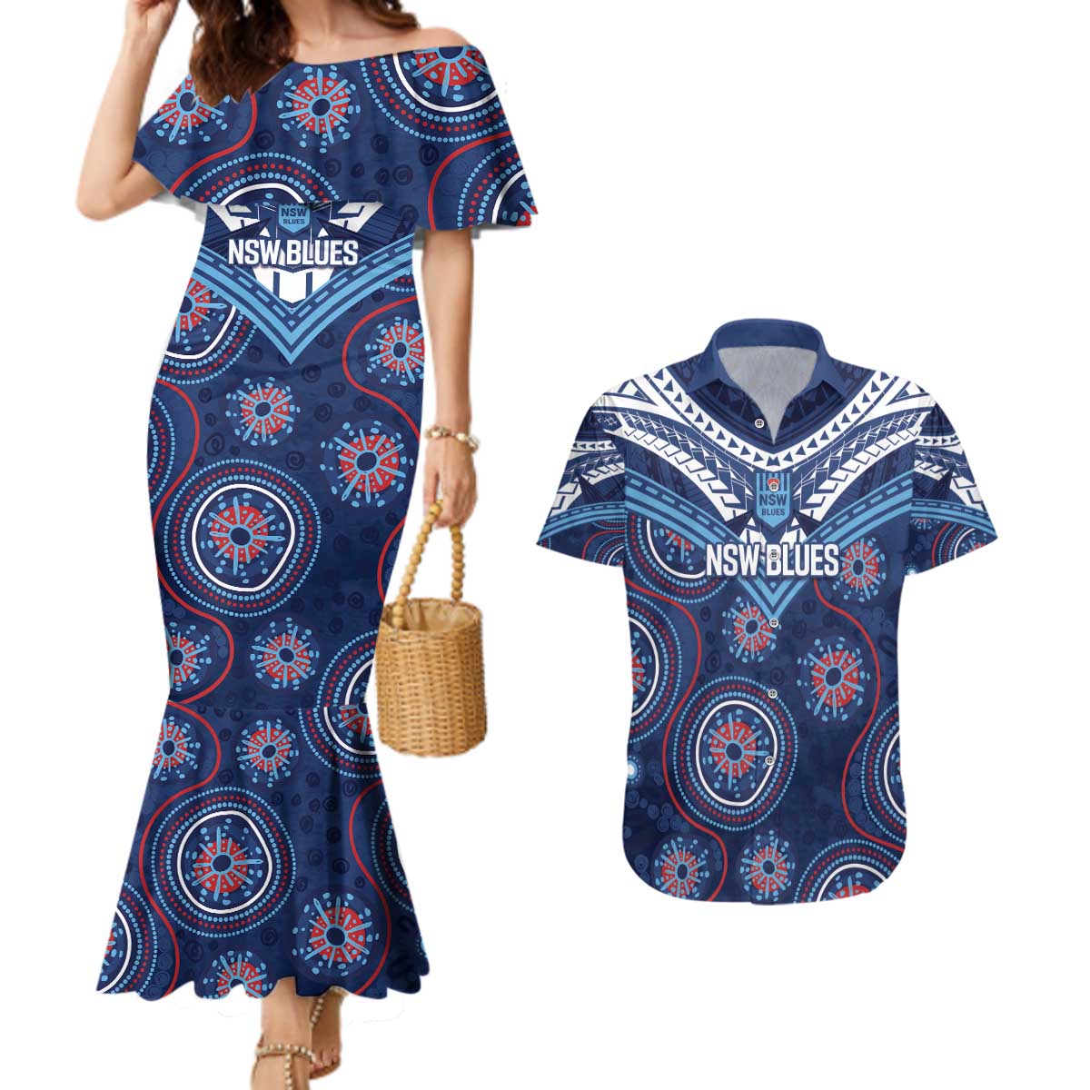 Personalized Australia NSW Blues Couples Matching Mermaid Dress and Hawaiian Shirt Indigenous Aboriginal Mix Polynesian Motifs