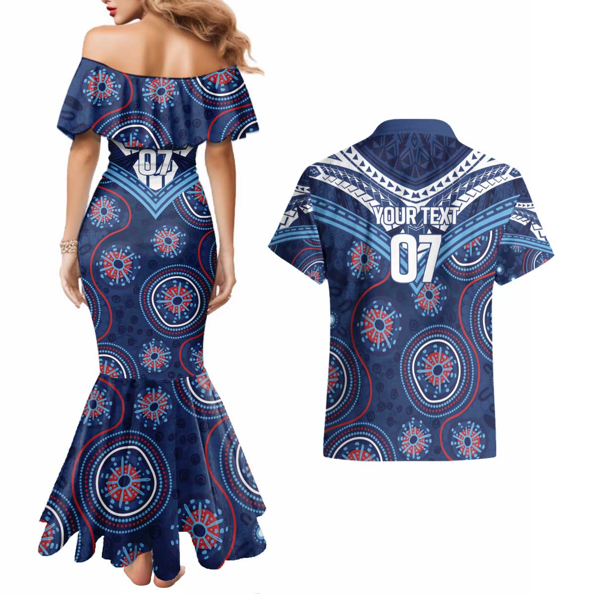 Personalized Australia NSW Blues Couples Matching Mermaid Dress and Hawaiian Shirt Indigenous Aboriginal Mix Polynesian Motifs