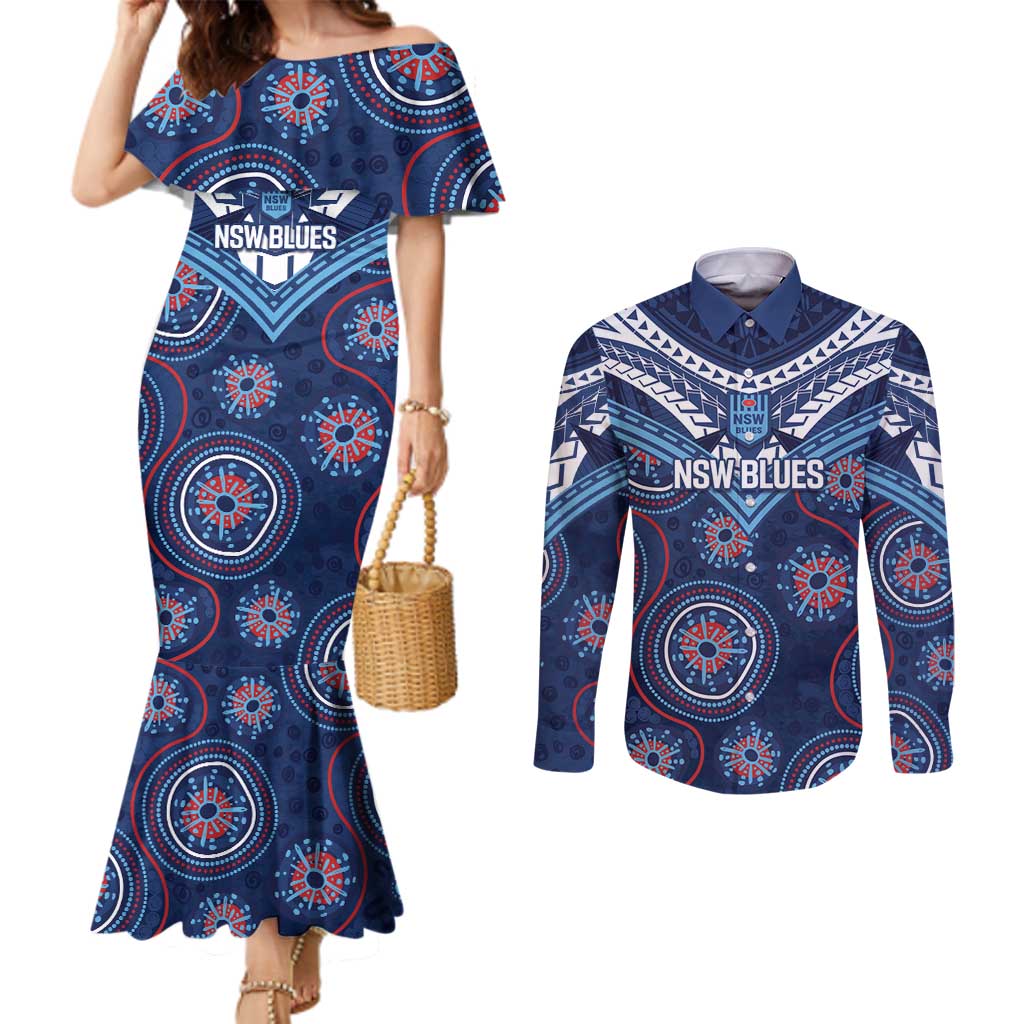 Personalized Australia NSW Blues Couples Matching Mermaid Dress and Long Sleeve Button Shirt Indigenous Aboriginal Mix Polynesian Motifs